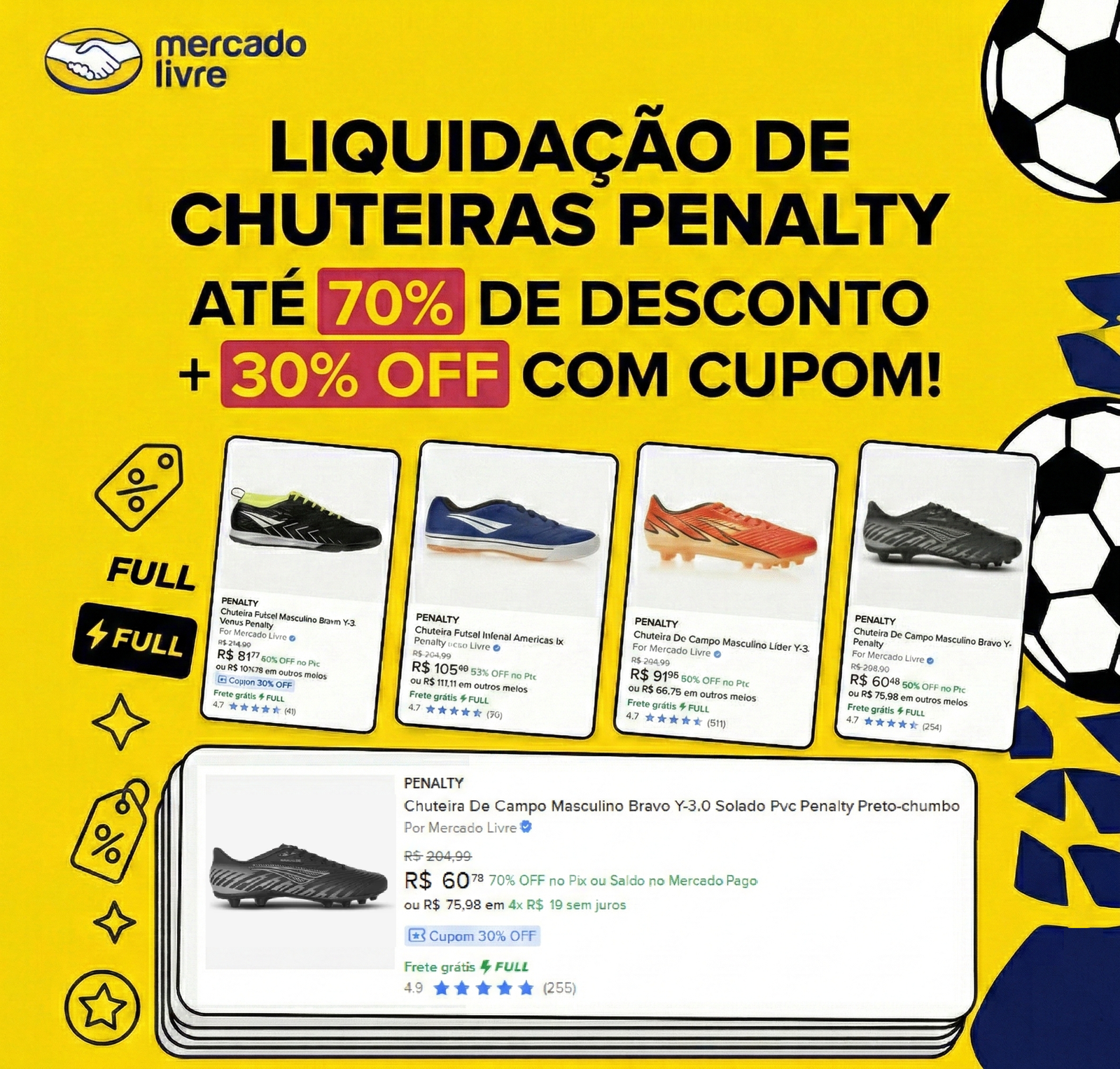 5 a 25% de desconto em chuteiras Penalty com cupom Mercado Livre