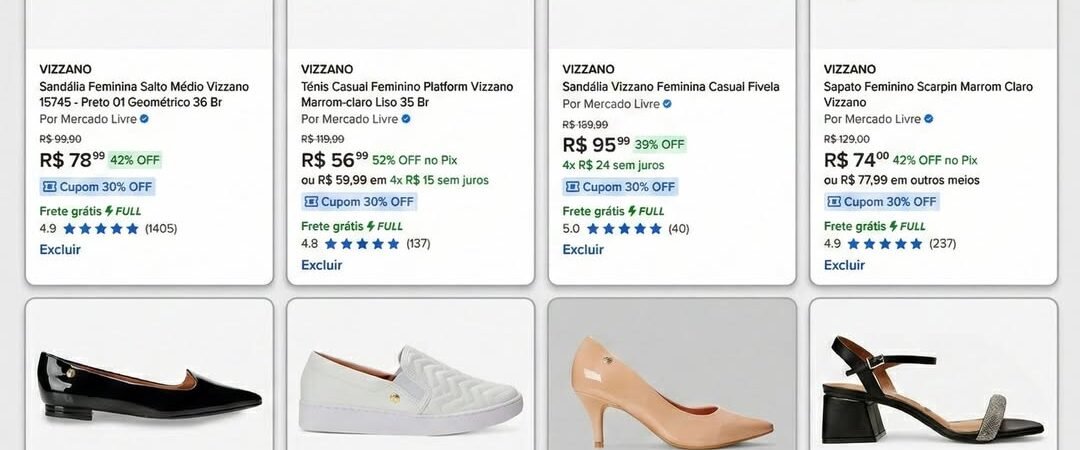 Desconto com 10 a 20% em sapatos Vizzano usando o cupom Mercado Livre
