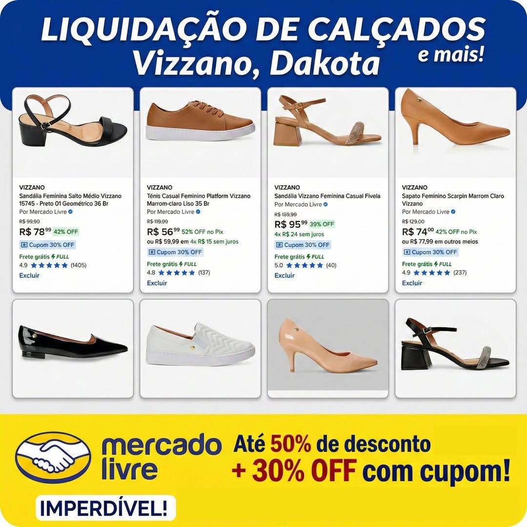 Desconto com 10 a 20% em sapatos Vizzano usando o cupom Mercado Livre